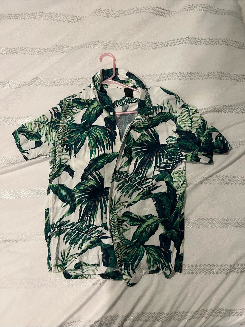 White Button-Down Shirt with Green Tropical Leaf Print